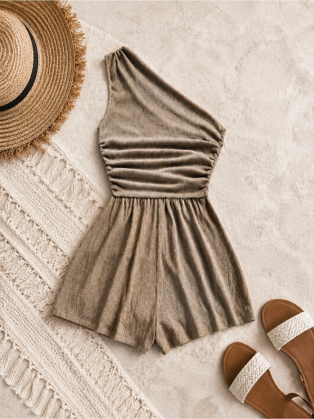 One-Shoulder Taupe Romper